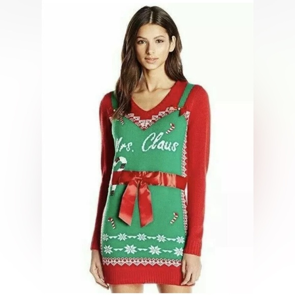 POOF Merry Christmas Holiday Mrs Claus Ugly Sweater Dress Size Small - Picture 1 of 13